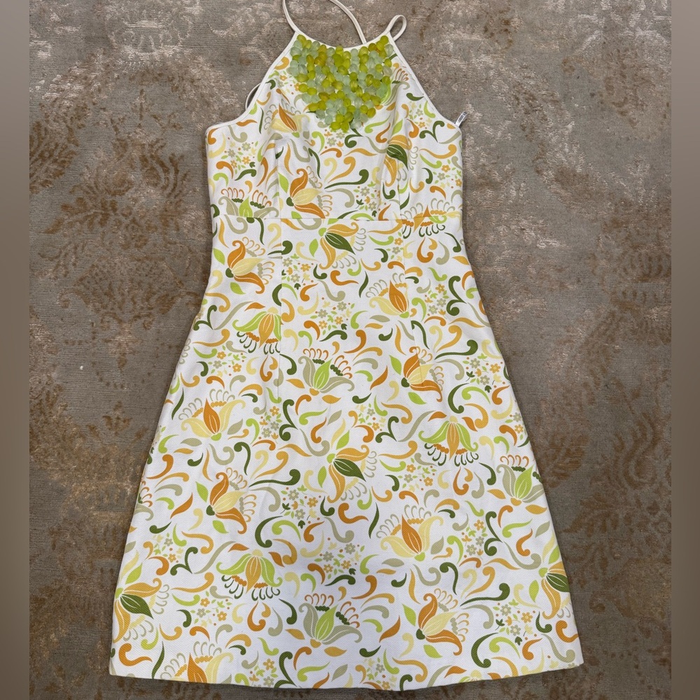 Laundry By Shelli Segal White Midi Dress with Green and Yellow Floral Print NWT
